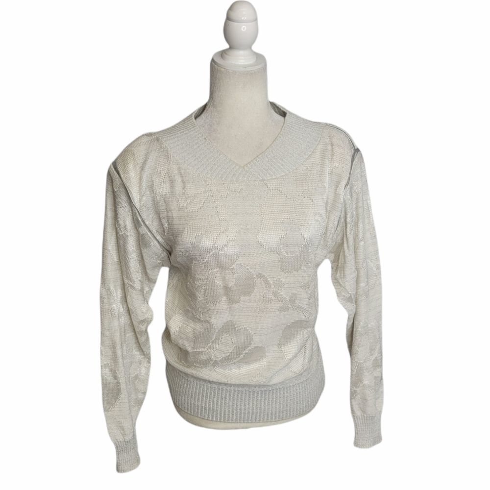 VINTAGE 80s metallic sweater silver floral v-neck S‎